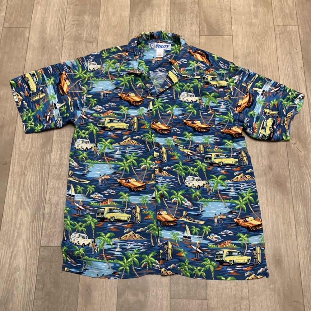Mens‎ Utility Hawaiian Palm Trees Beach Car Truck Button Down Short Sleeve Shirt